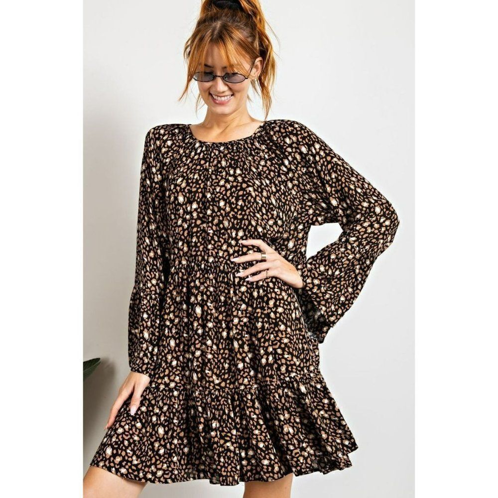 SALE! Easel Black Floral Printed Mock Neck Ruffle Smocked Mini Dress S-L ED18213 - Picture 1 of 6